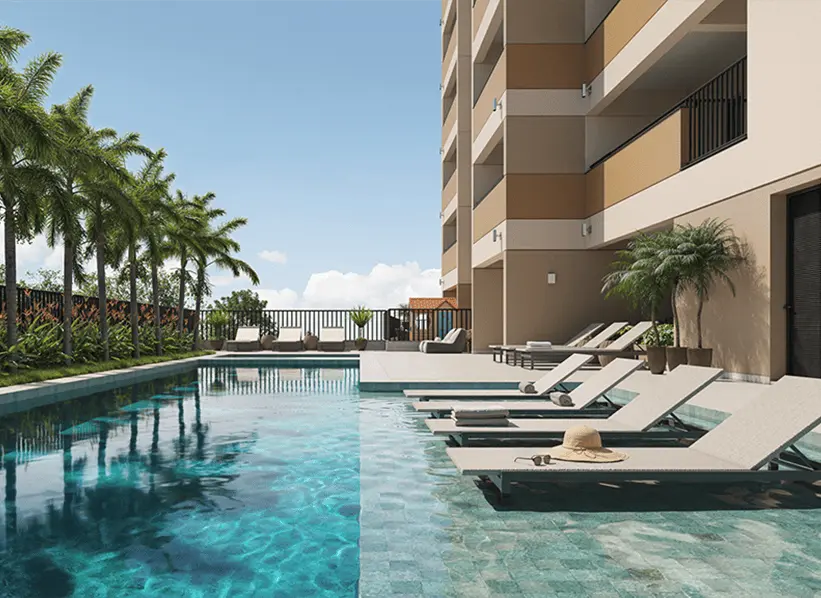 perspectiva da piscina no projeto criare com apartamentos na praça da árvore